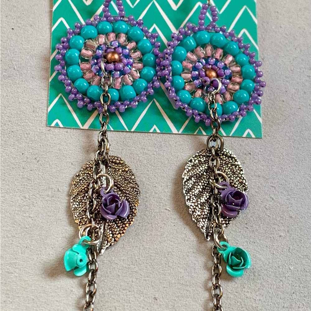 Purple and Turquoise Beaded Rose Dangle Earrings